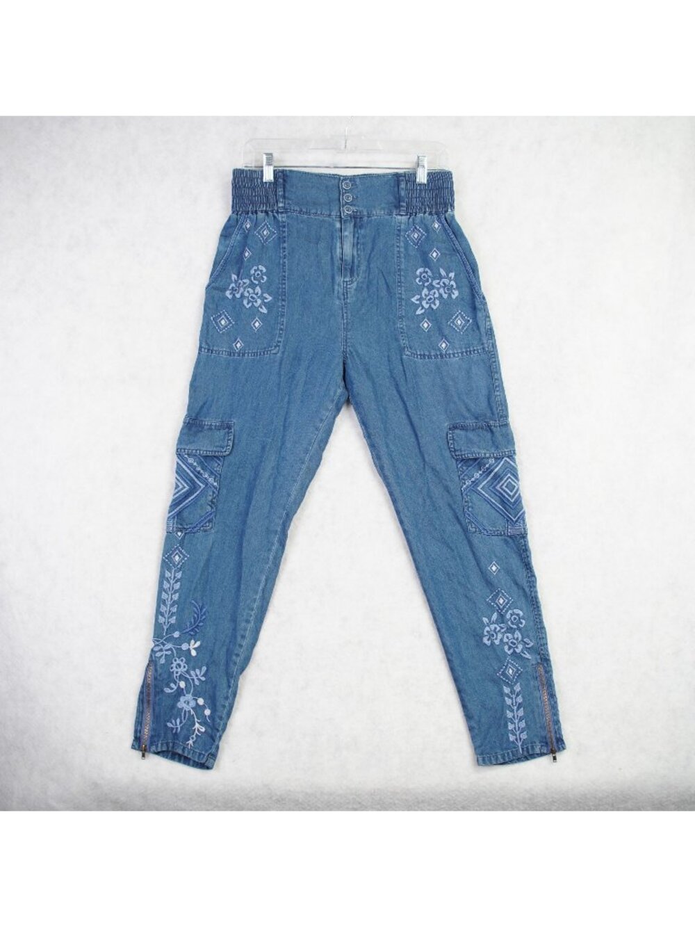 Johnny Was Workshop Womens Jane Cargo Pants Sz S Indigo Blue Embroidered Floral